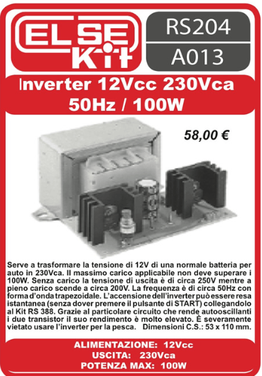 ELSE KIT RS204  Inverter 12Vcc – 220Vca 50Hz 100W Kit elettronico