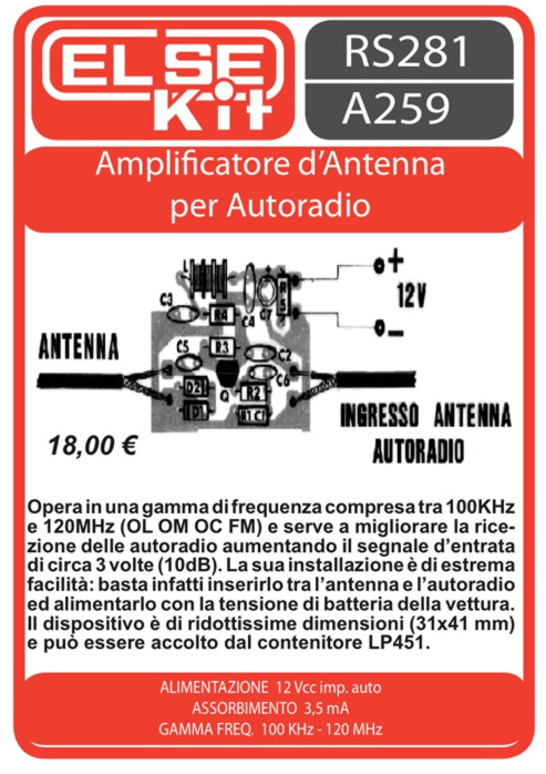ELSE KIT RS281 Amplificatore d’antenna per Autoradio Kit elettronico