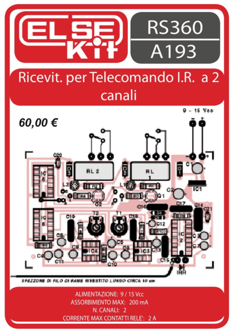 ELSE KIT RS360 Ricevitore per Telecomando I.R. a 2 Canali Kit elettronico