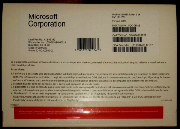 Microsoft Windows 10 Pro Professional OEM 64 bit DVD Key COA sticker in Italiano