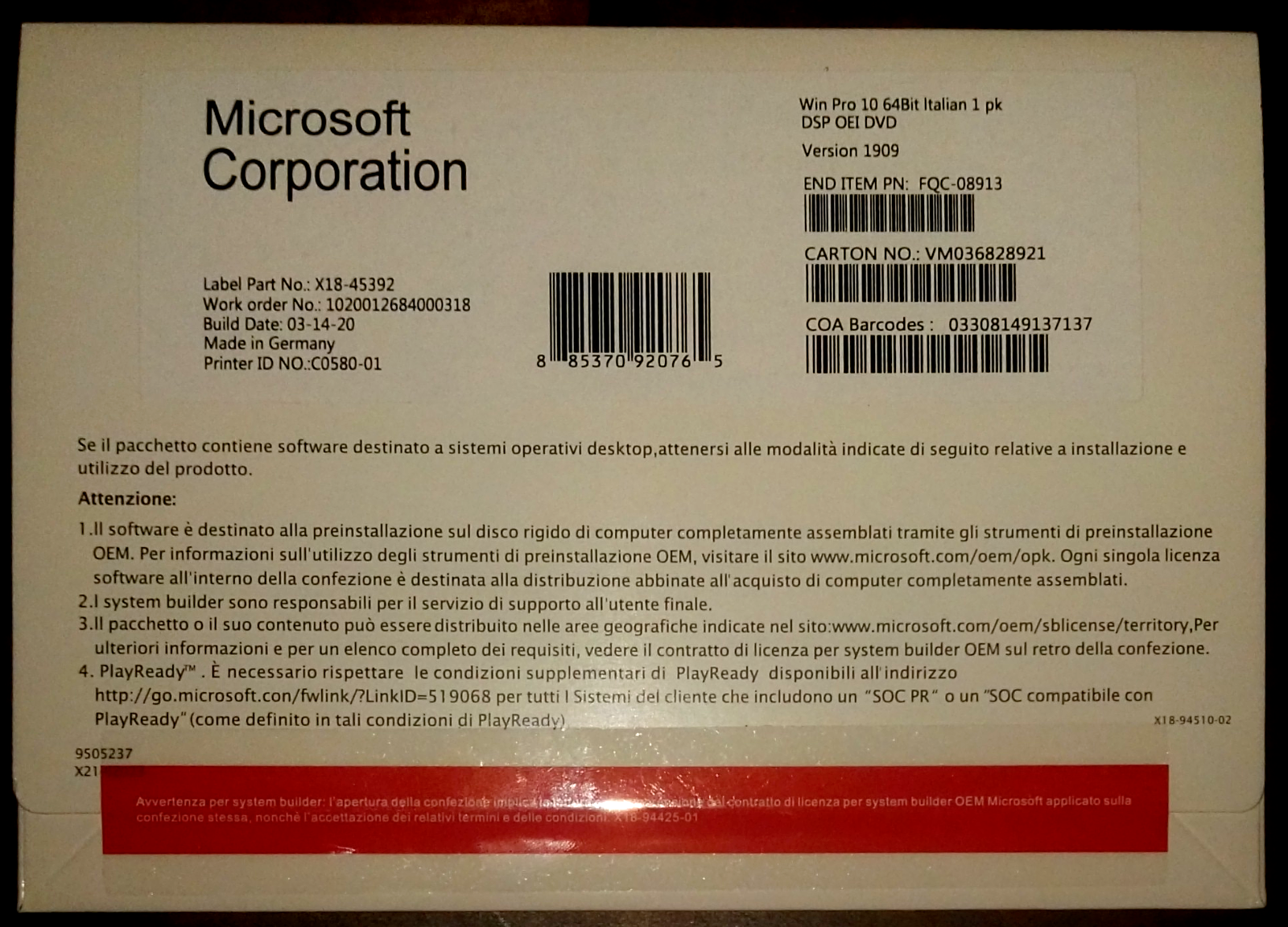 Windows 10 Pro DVD 64 Bit + Coa Sticker – Sistema Operativo Completo –  Licenza a Vita