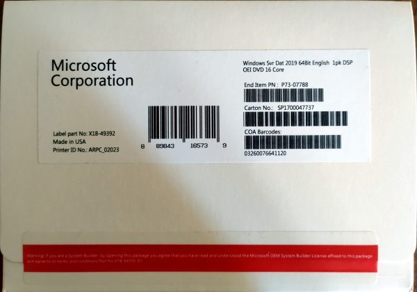 Microsoft Windows Server 2019 Datacenter 16 Core 2 CLT User CAL DVD OEM